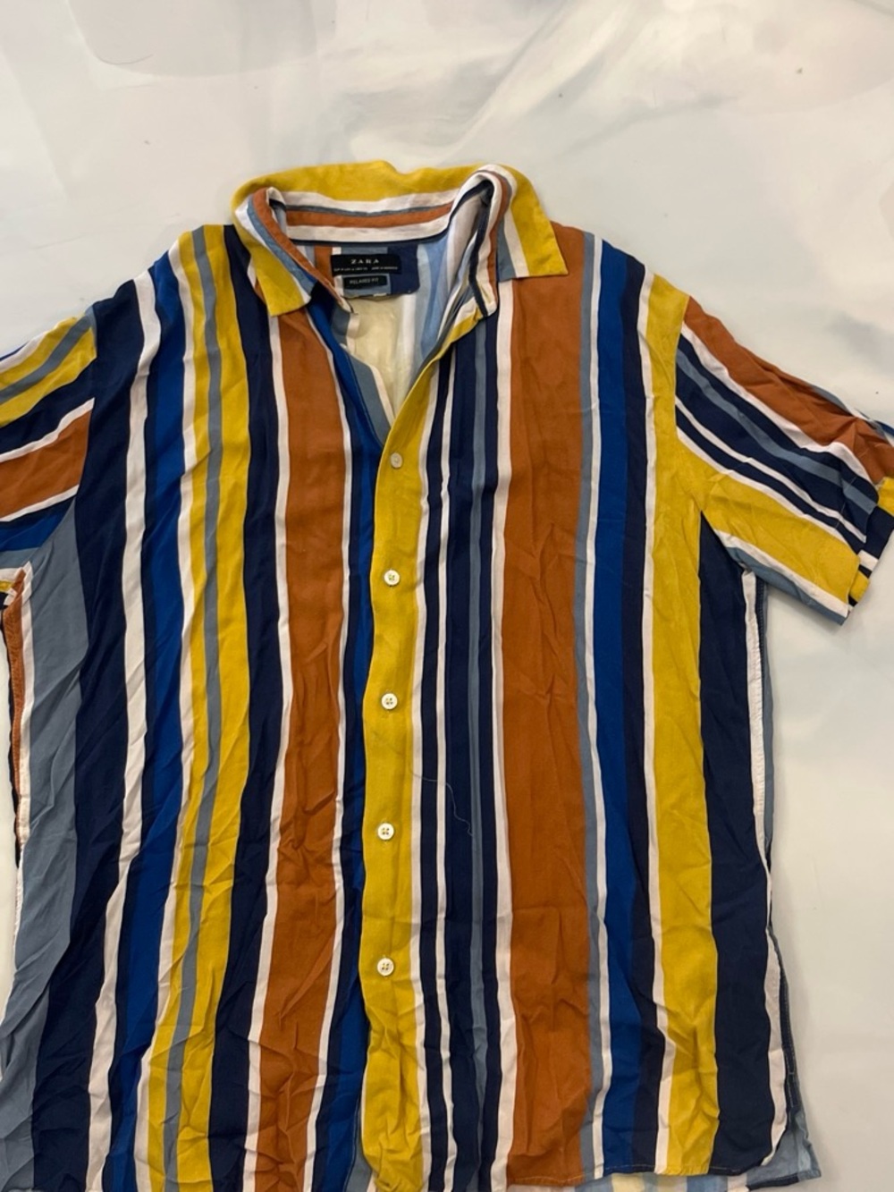 Zara Men's Short-Sleeve Vertical Stripe Button-Down in Blue, Yellow & Brown
